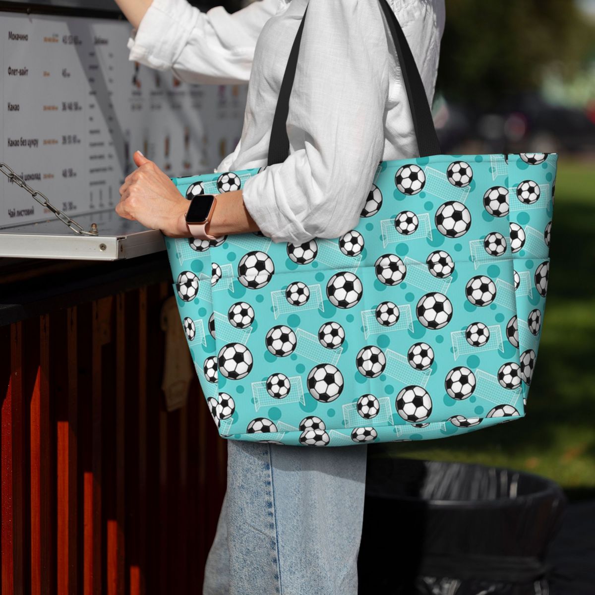 Soccer Ball And Goal Teal Patt - Yoga Fitness Tote ulasan dan harga
