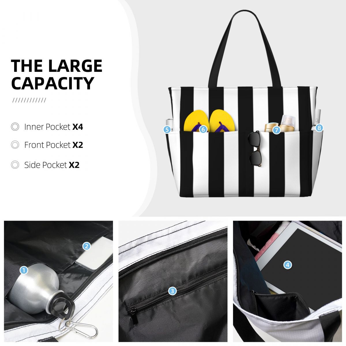 Black White Stripe Beach Tote  - Yoga Fitness Tote ulasan dan harga