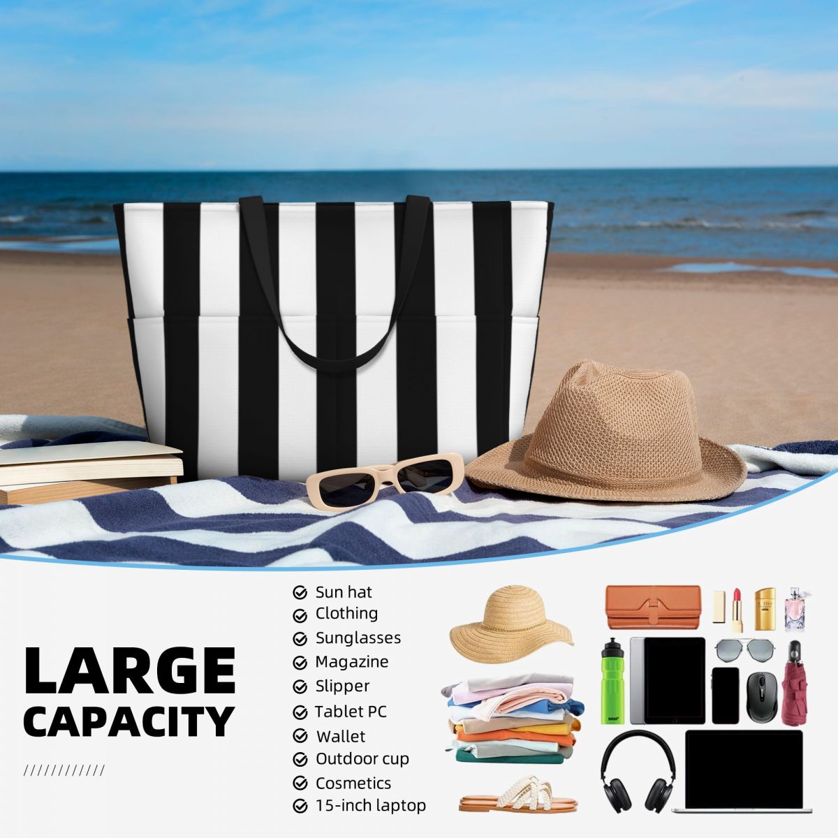 Black White Stripe Beach Tote  - Yoga Fitness Tote ulasan dan harga